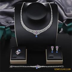 Blossom CS Jewelry 925 Sterling Silver Purple & Blue CZ V Drop Bridal 4Pcs Jewelry Set