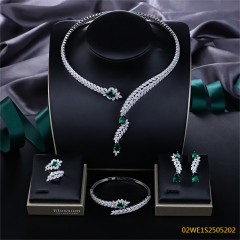 Blossom CS Jewelry 925 Sterling Silver Green Zirconia Floral Y Drop 4Pcs Bridal Jewelry Set Necklace Earrings Ring Bangle