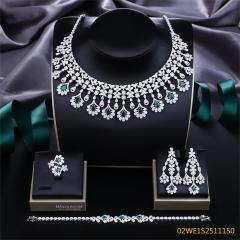 Blossom CS Jewelry 925 Sterling Silver Emerald‑Accent Chandelier Multi‑Cut Cubic Zirconia 4Pcs Bridal Jewelry Set