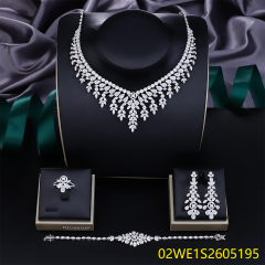 Blossom CS Jewelry Floral Multi‑Shape V‑Drop 925 Sterling Silver CZ 4‑Pcs Bridal Jewelry Set For Wedding Party