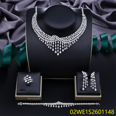 Blossom CS Jewelry Water‑Drop Fringe V‑Shape 925 Sterling Silver Cubic Zirconia 4 Pieces Bridal Jewelry Set Necklace Earrings Ring Bracelet For Wedding Formal Occasion