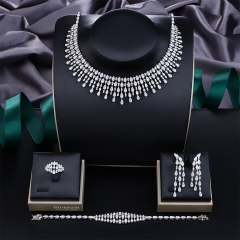 Blossom CS Jewelry Multi‑Teardrop Fringe Tennis 925 Sterling Silver CZ 4‑Pcs Bridal Jewelry Set For Wedding Party