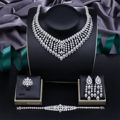 Blossom CS Jewelry Marquise‑Teardrop V‑Collar 925 Sterling Silver CZ 4‑Pcs Bridal Jewelry Set For Wedding Party