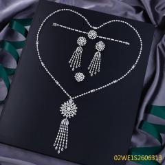 Blossom CS Jewelry Sunflower Floral Fringe Tassel Sweater Chain 925 Sterling Silver CZ 4‑Pcs Bridal Jewelry Set For Wedding Party