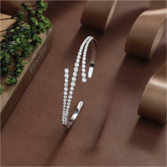 Blossom CS Jewelry Two‑Row Pave Open Cuff 925 Sterling Silver Zirconia Bangle