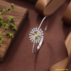 Blossom CS Jewelry Two‑Tone CNC Carved Sunburst Wheel Cubic Zirconia Cuff Bangle 925 Sterling Silver Open Bangle For Women