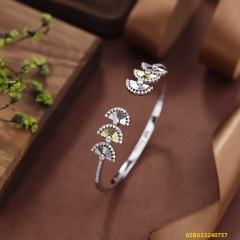 Blossom CS Jewelry Two‑Tone Multi‑Fan CNC Carved Cubic Zirconia Cuff Bangle 925 Sterling Silver Open Bangle For Women