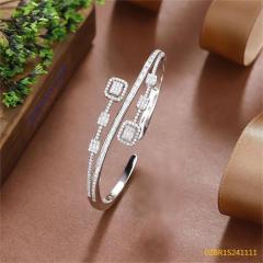 Blossom CS Jewelry Square Halo Double‑Row Cubic Zirconia Open Cuff Bangle 925 Sterling Silver Open Bangle For Women