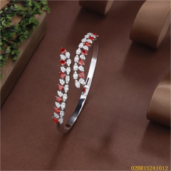 Blossom CS Jewelry Two‑Row Red White Teardrop Cubic Zirconia Open Cuff Bangle 925 Sterling Silver Open Bangle For Women