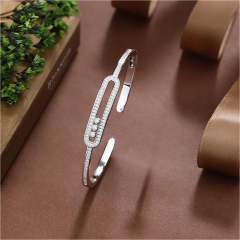 Blossom CS Jewelry 925 Silver Bangle Elongated Oval Loop Pave Zirconia Fixed Stone Open Style For Women Party