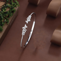 Blossom CS Jewelry 925 Silver Rhodium‑Plated Bangle,Double‑Floral Zirconia Open‑Style For Women Party