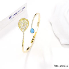Blossom CS Jewelry 925 Sterling Silver Gold‑Plated Hinged Bangle,Teardrop Filigree Turquoise & Cubic Zirconia Open‑Style Bracelet For Women