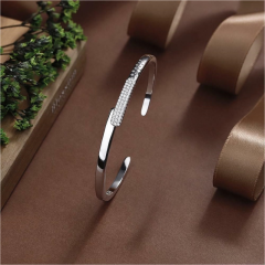 Blossom CS Jewelry 925 Silver Bangle,Half‑Pave‑Zirconia Dot‑Textured Open‑Style For Women Party