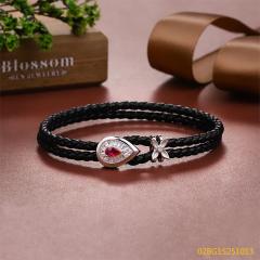 Blossom CS Jewelry 925 Silver Red Teardrop Zircon Braided Leather Bracelet For Women