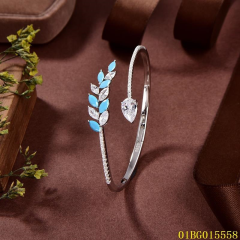 Blossom CS Jewelry 925 Silver Bangle Turquoise Leaf Teardrop Zircon Open Cuff For Women Party