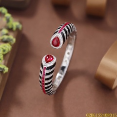Blossom CS Jewelry 925 Silver Cuff Bangle Red Teardrop Zirconia Black Enamel Open Cuff For Women Party