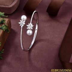Blossom CS Jewelry Floral Pearl Cuff Bangle 925 Sterling Silver Flower Zircon Open Bracelet for Women