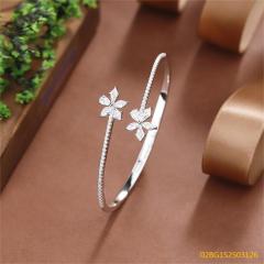 Blossom CS Jewelry 5 Petal Flower Zircon Cuff Bangle 925 Sterling Silver Open Bracelet for Women