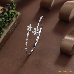 Blossom CS Jewelry Dual Floral 925 Sterling Silver Open Bangle For Women Inlaid Cubic Zirconia Bracelet Gift