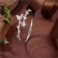 Blossom CS Jewelry Butterfly Floral Vine 925 Sterling Silver Open Bangle For Women Inlaid Cubic Zirconia Bracelet Gift