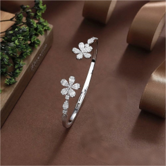 Blossom CS Jewelry Dual Flower 925 Sterling Silver Open Bangle For Women Inlaid Cubic Zirconia Bracelet Gift
