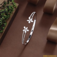 Blossom CS Jewelry Dual Flower 925 Sterling Silver Open Bangle For Women Inlaid Cubic Zirconia Bracelet Gift