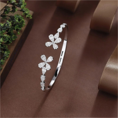 Blossom CS Jewelry Minimalist Dual Flower Teardrop 925 Sterling Silver Open Bangle For Women Inlaid Cubic Zirconia Bracelet Gift