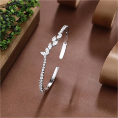 Blossom CS Jewelry Leaf Branch 925 Sterling Silver Open Bangle For Women Inlaid Cubic Zirconia