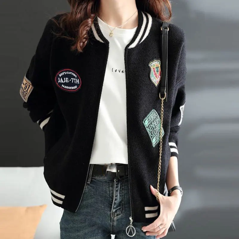 韓国風ファッションジッパースタンドネックプリント長袖ジャケット