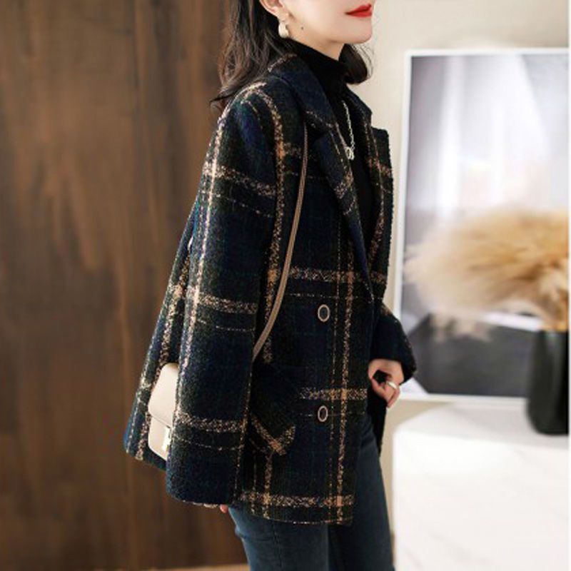 韓国風ファッション 気質アップ!フェミニン 通勤/OL レトロ ファッション チェック柄 ダブルブレスト 折襟 スーツ コート