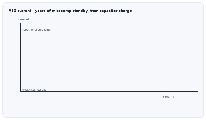animated AED standby self-test and capacitor charge high-current profile