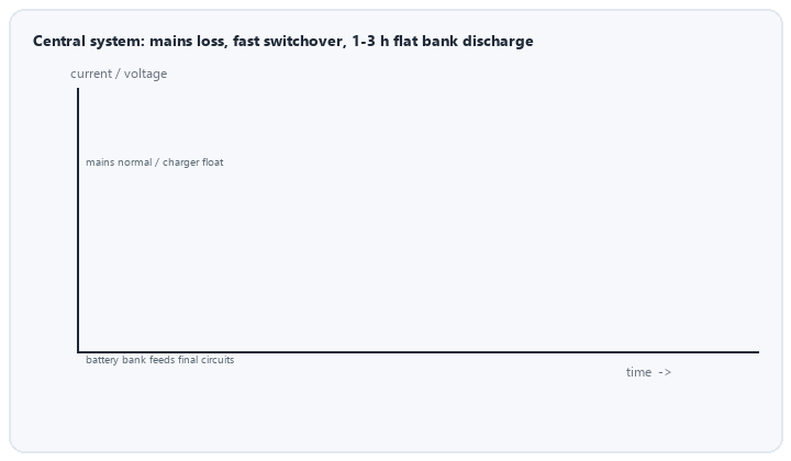 animated central system mains loss switchover and long battery bank discharge