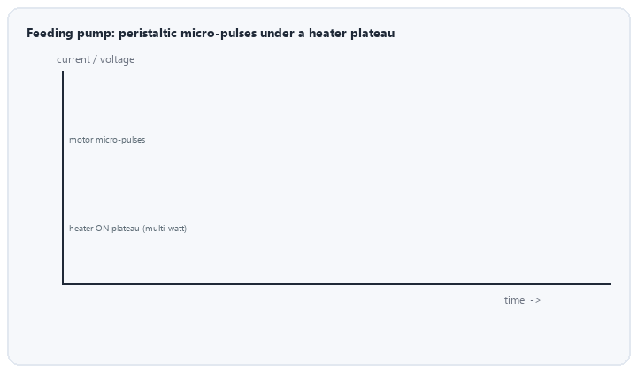 animated feeding pump current trace with peristaltic pulses under a heater plateau
