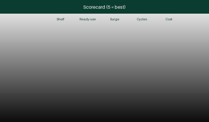 Animated scorecard comparing LSD NiMH, classic NiMH and Li-ion AA on shelf life, readiness, surge current, cycles and cost
