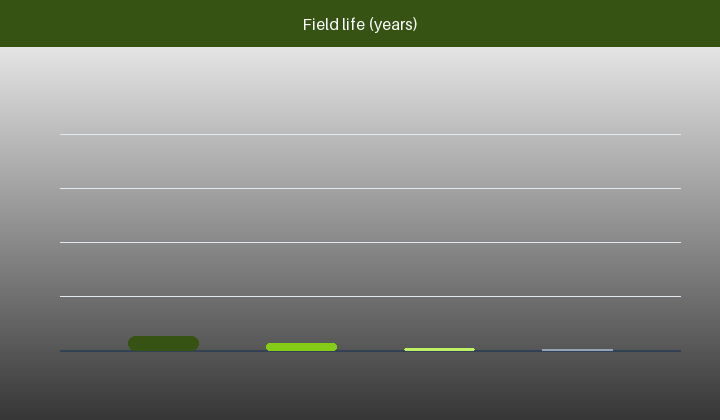 Bar chart of field life by reporting interval for a fixed battery capacity