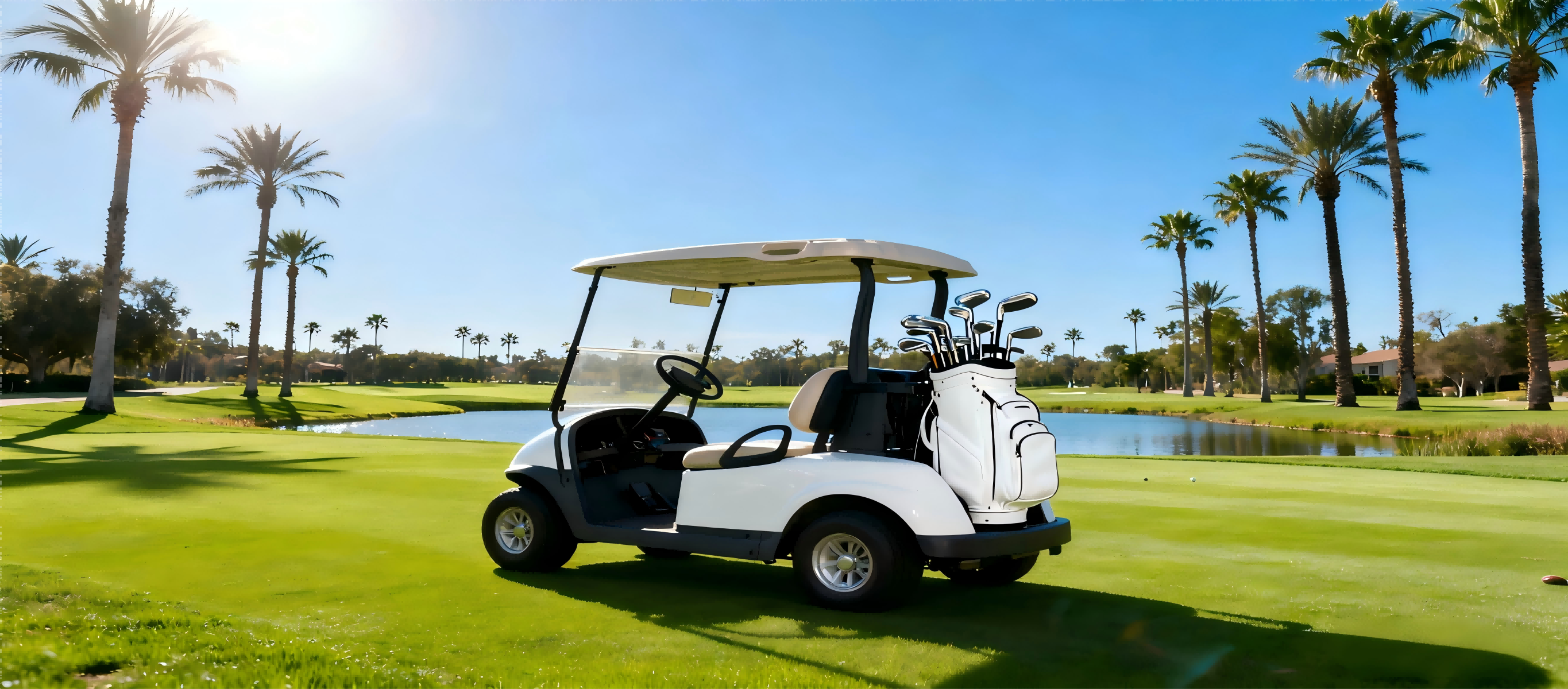 Golf cart on a golf course beside a pond