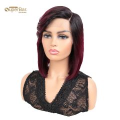 Superbar Human Hair Wigs with High SideBangs 4.5 inch Lace Side Part Wig for Women OmbreWine Red Color Wigs