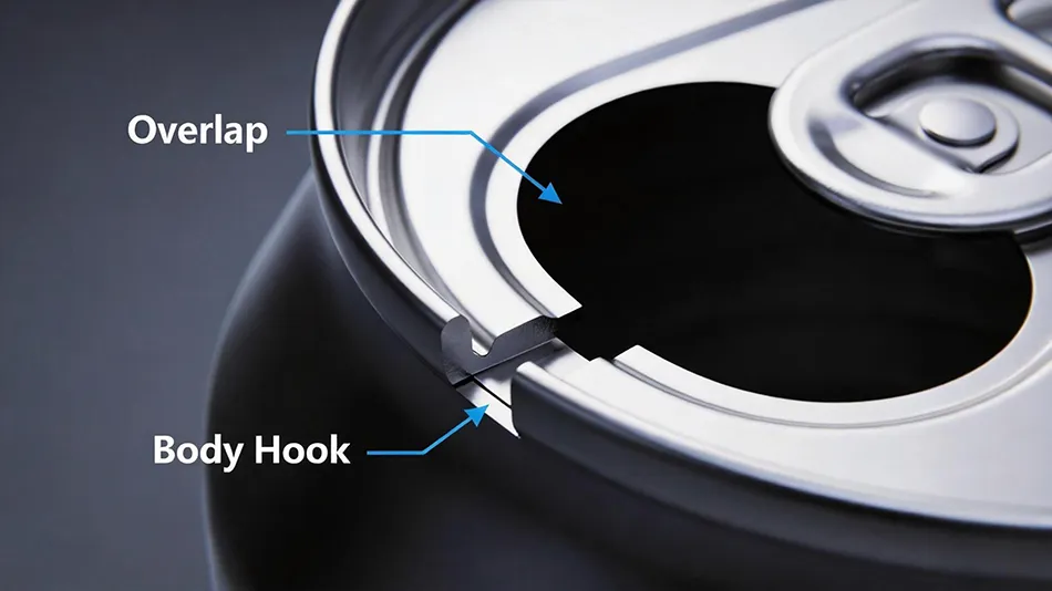 Technical diagram of the aluminum can double seaming process showing the precise interlocking of the lid curl and can flange for a hermetic seal.