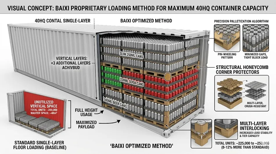 Optimized container loading for 330ml aluminum cans showing 12% increased capacity and anti-deformation packaging for African maritime transit.