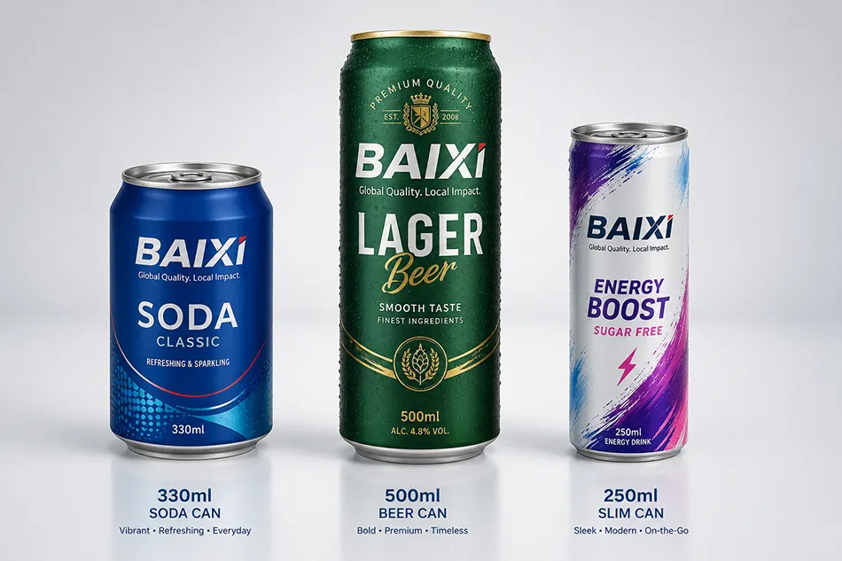 Comparison of Baixi aluminum can formats for the African market: 250ml slim energy drink can, 330ml standard soda can, and 500ml beer can.