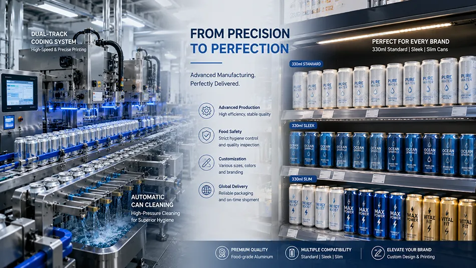 Automated production line and retail shelf display of 330ml aluminum beverage cans manufactured by Baixi Cans.