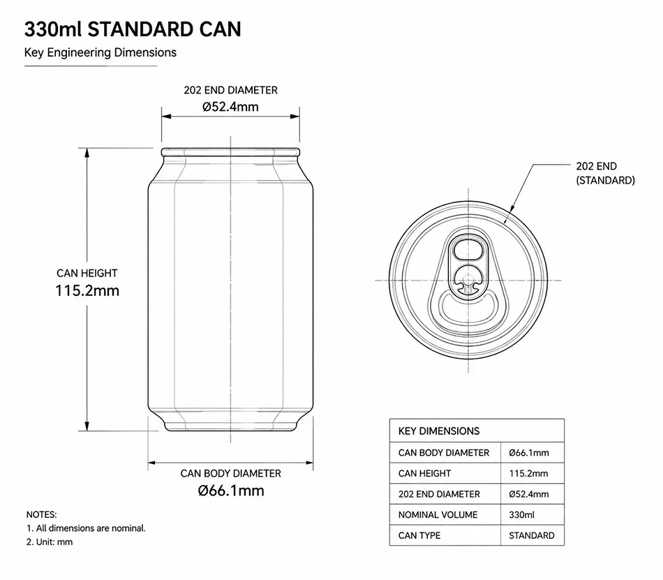 Technical engineering blueprint showing the detailed dimensions, height, body diameter, and 202 neck specification of a standard 330ml aluminum can.
