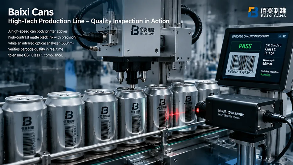 Automated high-contrast barcode printing and optical quality control verification verification at Baixi Cans manufacturing facility.