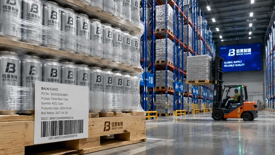 A compliant GS1-128 pallet logistics label attached to a shrink-wrapped pallet of export beverage aluminum cans in a warehouse.
