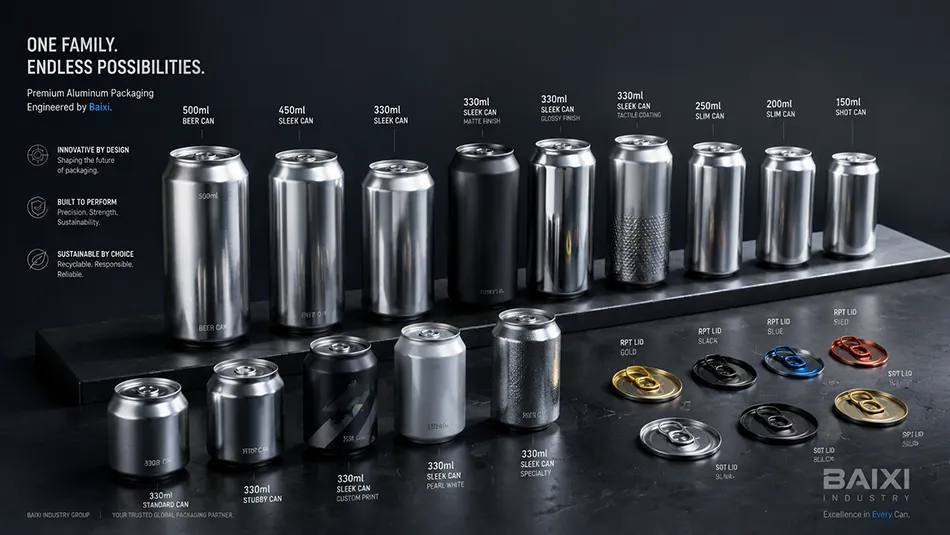 Baixi Industry premium portfolio of aluminum beverage cans including 500ml beer cans, 330ml sleek cans, and easy open can lids