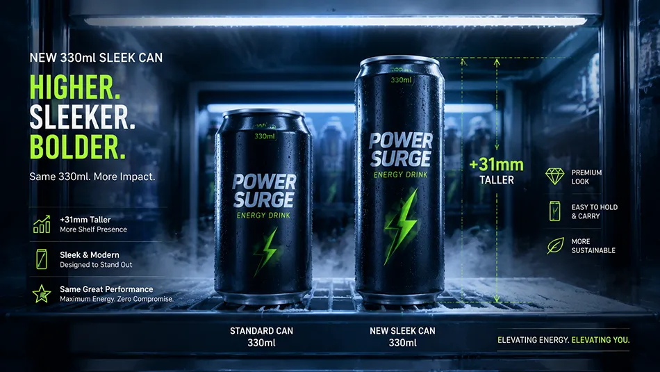 Retail cooler shelf displaying the visual elongation and height contrast between a 330ml sleek can and a traditional standard beverage can