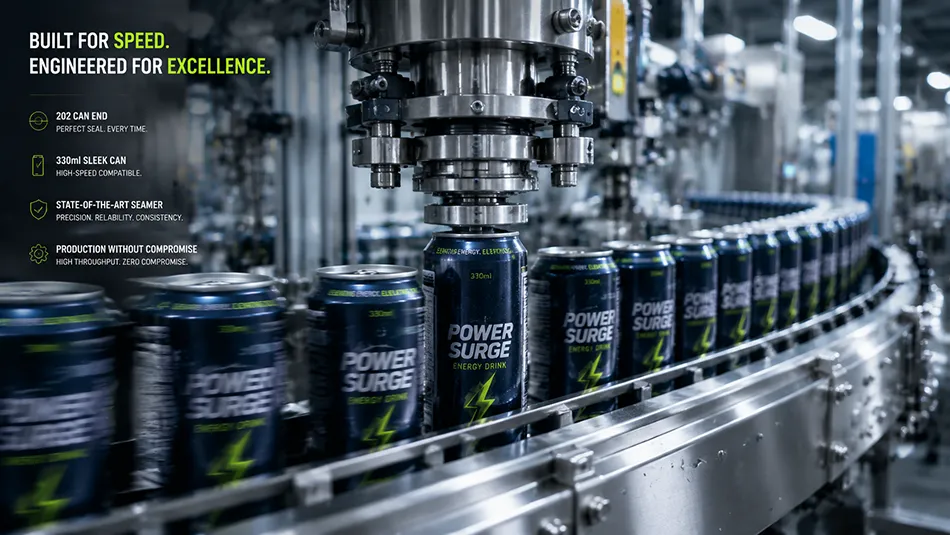 High-speed automated beverage filling and seaming machinery running 330ml sleek aluminum cans with universal 202 easy open can lids