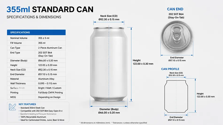 355ml aluminum soda can dimensions