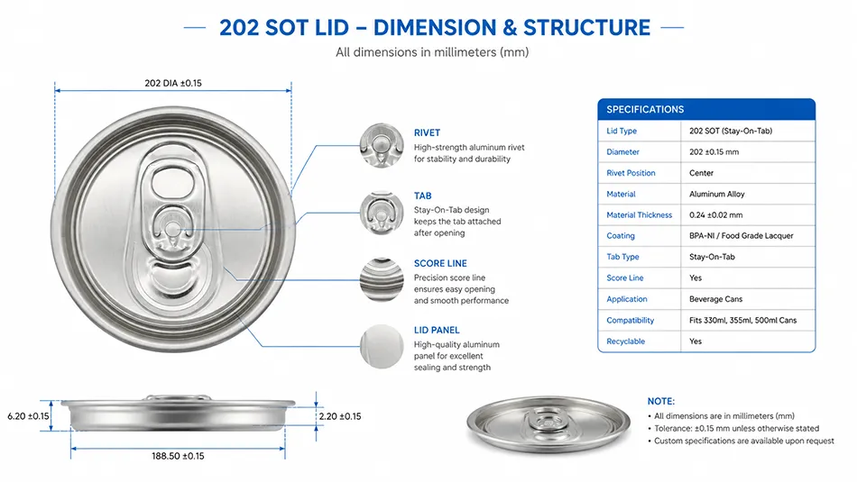 202 SOT aluminum can lid dimensions and technical specifications
