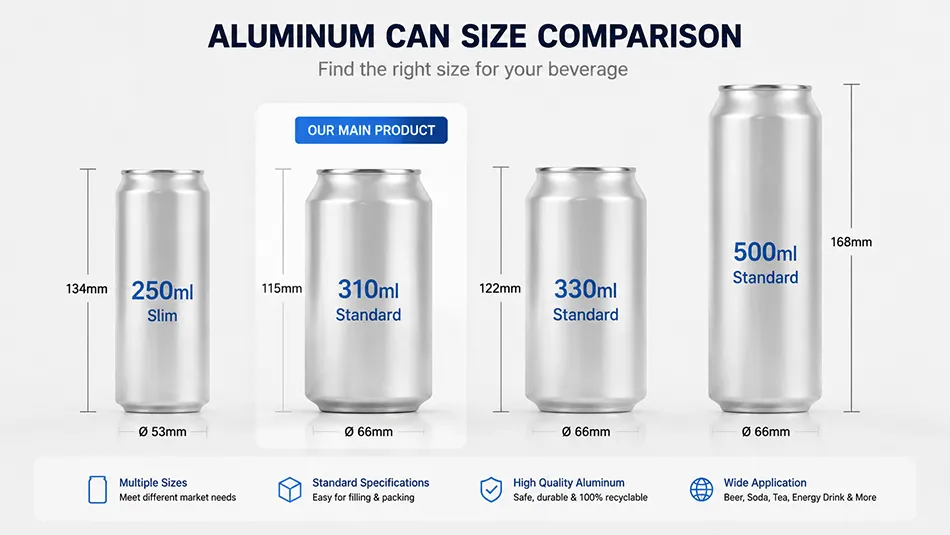 310ml standard aluminum can size comparison with 250ml 330ml and 500ml beverage cans